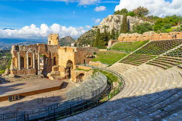 The famous greek Theater of Taormina (Sicily, Italy) at sunrise in the early morning hours