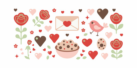A charming pattern of hearts flowers birds and sweet treats for valentine s day © Bivuti