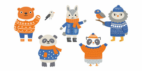 Adorable winter animals wearing cozy sweaters and hats in a cute illustration