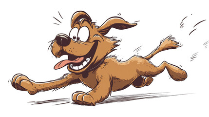 Playful Canine Adventure: A spirited cartoon dog bounds with unbridled joy, tongue playfully lolling out, against a dynamic background, perfectly embodying the carefree spirit of fun.