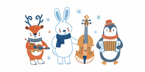 A charming winter scene featuring a reindeer rabbit penguin and musical instruments © Bivuti