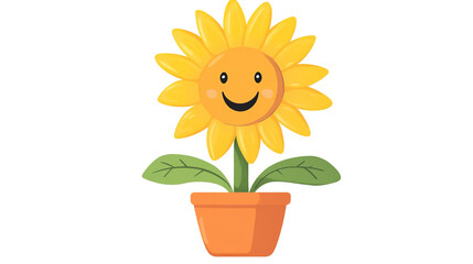 Smiling Sunflower in a Pot: A cheerful, cartoon sunflower with a smiling face, nestled in a terracotta pot, radiates joy and optimism, ideal for conveying a sense of happiness and positivity.