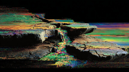 Glitched Waterfall Over Rocky Ledge Abstract Art background