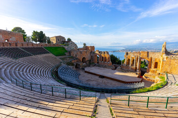 The famous greek Theater of Taormina (Sicily, Italy) at sunrise in the early morning hours