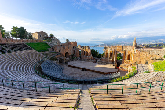The famous greek Theater of Taormina (Sicily, Italy) at sunrise in the early morning hours