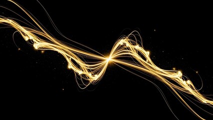 Vibrant yellow light trails on black background with sparkling particles