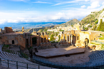 The famous greek Theater of Taormina (Sicily, Italy) at sunrise in the early morning hours