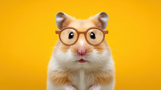 Adorable Hamster with Big Glasses and Wide Eyes Against a Bright Yellow Background Captivating View for Animal Lovers and Photography Enthusiasts