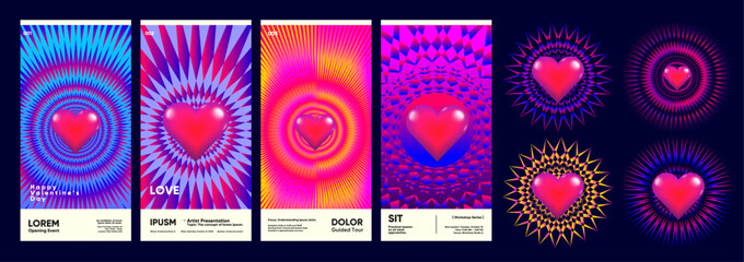 A vibrant collection of abstract posters featuring a central heart motif surrounded by dynamic, colorful geometric patterns. Perfect for Valentine's Day themes, events, or artistic presentations. 