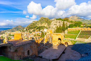 The famous greek Theater of Taormina (Sicily, Italy) at sunrise in the early morning hours
