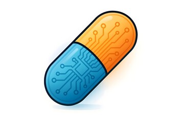 Colorful capsule pill with electronic circuit traces on blue and orange halves, symbolizing digital medicine, smart pharmaceuticals, health technology and futuristic biomedical innovation.