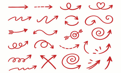 A collection of hand-drawn red arrows against a white background. The arrows are diverse in design, ranging from straight lines and simple curves to complex spirals, loops, and wav