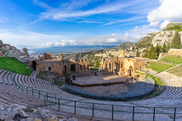 The famous Greek theater of Taormina (Sicily, Italy) at sunrise in the early morning hours