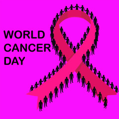 World Cancer Day Pink Ribbon People Holding Hands Awareness Vector Illustration