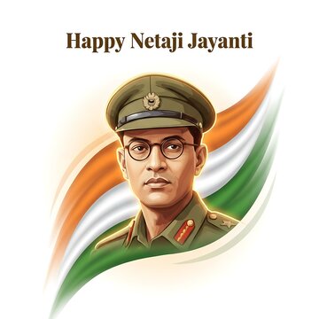 Happy netaji jayanti greeting card featuring a portrait of subhas chandra bose.
