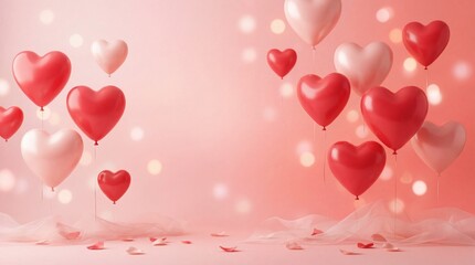 Valentine's Day Red and Pink Heart Balloons Floating on Blush Background