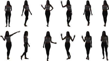 Standing silhouette poses, expressive human gestures, barefoot figure movements, black vector illustration, body language reference, posture study, character modeling design © Moyuri