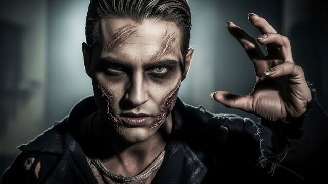 Terrifying zombie man with torn face and hand reaching out