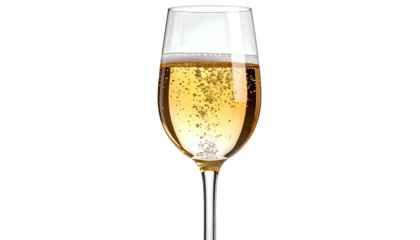 Champagne flute filled with bubbly, golden drink, against a stark black background