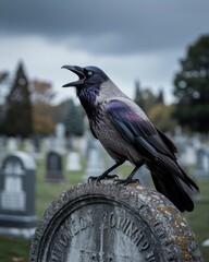 Obraz premium Dramatic crow perched on old tombstone in moody cemetery under storm clouds dark gothic Halloween concept wildlife photography