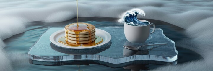 Cozy winter breakfast with pancakes and coffee on ice island surrounded by fluffy clouds surreal morning concept 3D render