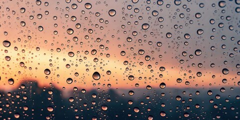 Raindrops on window with sunset view of city skyline