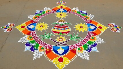 Vibrant Pongal Festival Traditions: Harvested Sugarcane, Ritual Rice Boiling, and Ornate Kolam Art