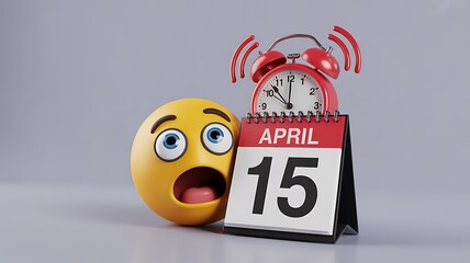 Surprised emoji character next to a ringing red alarm clock and an April 15 calendar reminder