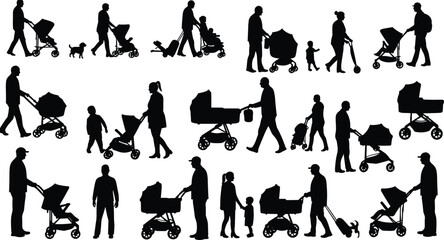 Stroller silhouettes, family walking, parenting scene, caregiver moments, outdoor activity, children, pets, bags, diverse poses, black and white, urban life