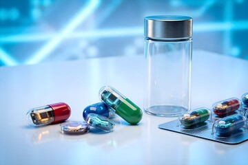 Futuristic smart pills with embedded microchips and glowing circuits next to an empty glass jar and blister pack on a glossy lab table, symbolizing digital medicine and advanced healthcare technology.