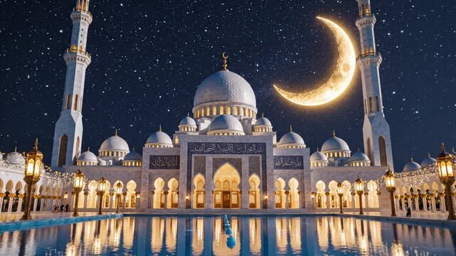 A grand illuminated architectural structure with multiple domes and minarets reflected in a tranquil pool under a starry night sky with a crescent moon