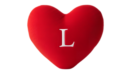 Red heart pillow with letter L. Valentine's day heart plush toy home decorative soft item cozy isolated on transparent background.
