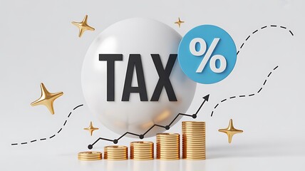 TAX on white sphere, percentage sign, rising gold coins, upward graph, and shiny stars
