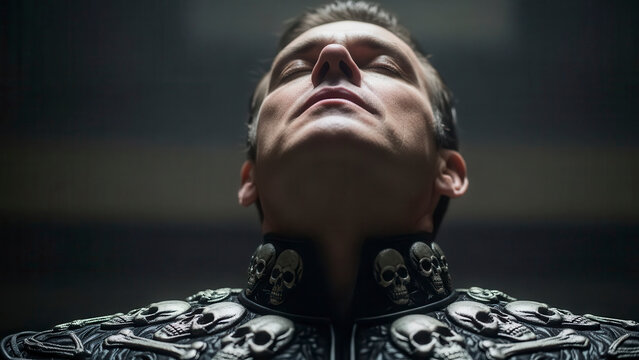 Man in skull embroidered jacket looking up dramatically