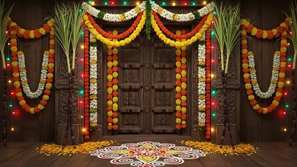 Traditional Pongal Festival Celebrations: Ritual Clay Pots, Kolam Art, Sugarcane, and Harvest Offerings