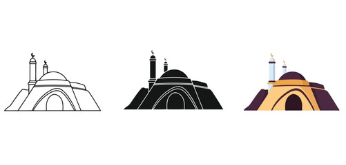 Mosque Icons Vector Set in Three Styles &mdash; Line Art, Silhouette and Color Version for Islamic Design, App UI, Posters and Branding