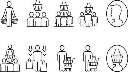 Fototapeta premium Consumer Behavior and Retail Shopping Icon Set with Customers, Shopping Baskets, and Cart Symbols.