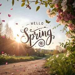 Colorful Hello Spring Design with Flowers and Sunshine