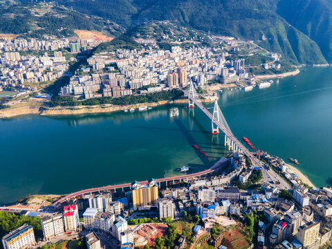 Badong Town and Yangtze River Bridges, Three Gorges Region Aerial View