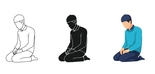 Three Men Kneeling Vector Set in Line Art for Islamic Design, App UI, Posters and Branding