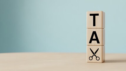 Three wooden blocks stacked vertically spell TAX with a pair of scissors symbolizing a tax cut