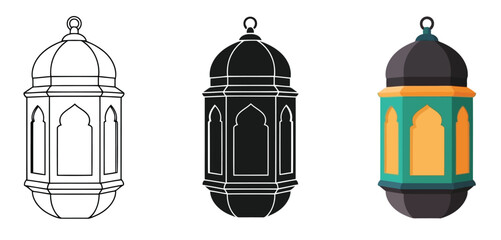 Hanging Lanterns Mosque Minaret Vector Set in Three Styles &mdash; Line Art, Silhouette and Color Version for Islamic Design, App UI, Posters and Branding