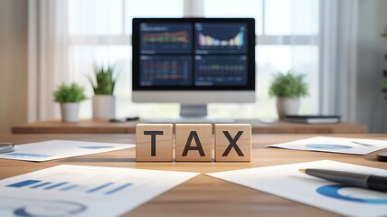 Wooden blocks spelling TAX on a bright desk with financial documents and a computer monitor