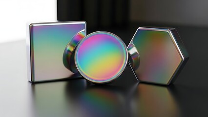 Iridescent Geometric Shapes on Dark Background with Modern Chrome Finish Perfect for Abstract Designs and Futuristic Visuals in Art Projects