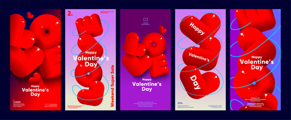 A vibrant set of Valentine's Day sale posters featuring bold red 3D letters and heart shapes against colorful backgrounds. Perfect for promoting holiday sales and events with a modern