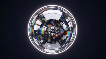 Rotating glass sphere with refracting light displaying iridescent reflections and light trails over dark background for futuristic tech illustrations