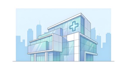 Modern glass hospital building with medical cross symbol in a city skyline, representing contemporary healthcare center, clinic architecture and urban medical infrastructure concept illustration.
