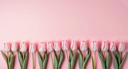 Elegant spring floral background with pink tulips in a row and large copy space for Mother's Day or Easter marketing.