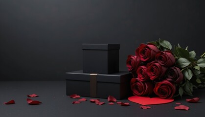 Elegant Valentine's Day gift concept with red roses and black boxes on dark background with copy space.