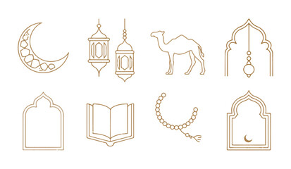 Minimalist line drawing elements featuring islamic architecture crescent moon camel and quran holy book